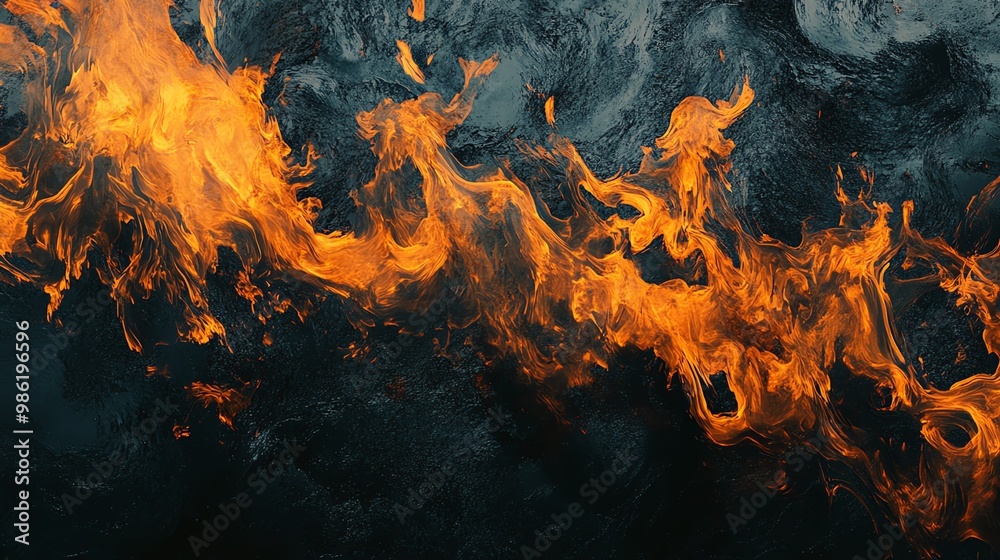 Dynamic flames dance against a dark backdrop, creating a striking ...