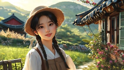 Radiant Korean farmer girl in a sunlit rural landscape