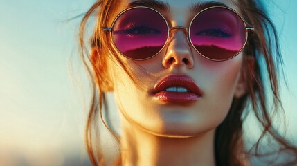 Wall Mural - Close up portrait of woman wearing pink sunglasses with a reflective sunset in the lens.