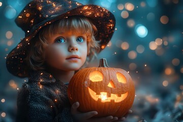 whimsical halloween scene wideeyed boy holding glowing jackolantern misty forest backdrop moonlit enchantment