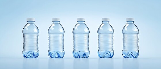 Clear water bottles on light blue background