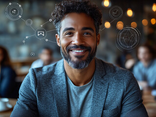 Wall Mural - Portrait of smiling African-American man looking at camera in cafe