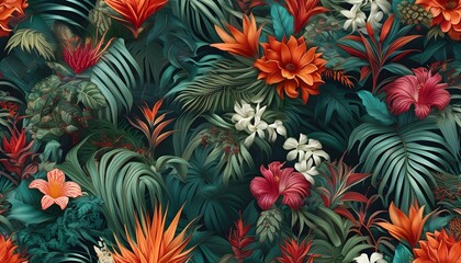 Wall Mural - Vibrant seamless pattern featuring exotic Australian flowers and lush leaves in a tropical design