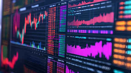 Wall Mural - A sophisticated financial dashboard displaying various investment graphs and stock market charts on a computer screen Background shows a digital representation of global financial markets Color