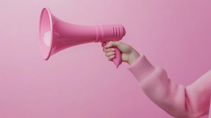 arm extended holding a pink megaphone against a pink backdrop