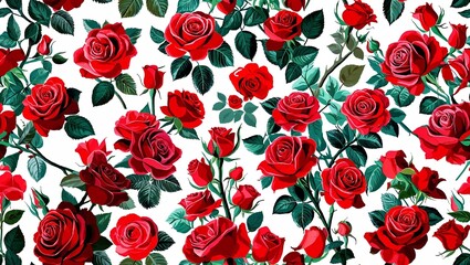 Wall Mural - Red roses digital painting seamless plain white background design