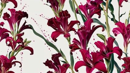 Wall Mural - Ruby gladiolus painterly splash seamless plain white background design