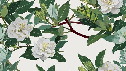 Wall Mural - Sage azaleas modern twist seamless plain white background design