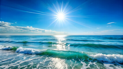 Calm ocean waves under a bright sun with a clear blue sky, ocean, waves, calm, tranquil, sunlight, sunny, blue sky, peaceful