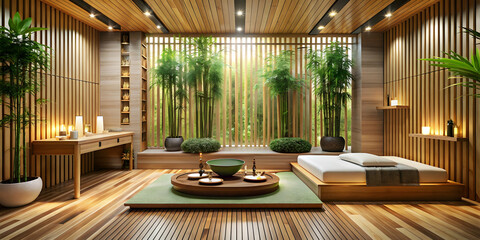 Luxurious bamboo spa interior with zen decor and relaxation area, bamboo, spa, interior, zen, decor, relaxation, serene