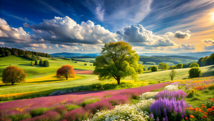 Colorful landscape with trees, flowers, and lush countryside under a blue sky with clouds, scenic, nature, greenery, vibrant