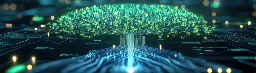 Poster - codebase visualization as a glowing holographic tree, each branch representing a stage in the ci/cd 