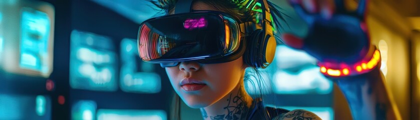 Poster - a focused individual immerses in virtual reality, wearing a headset and headphones, surrounded by co