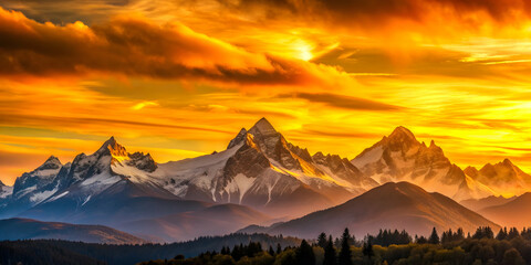 Wall Mural - Sunset casting warm, golden hues over majestic mountain peaks, sunset, mountains, scenic, landscape, tranquility, peaceful