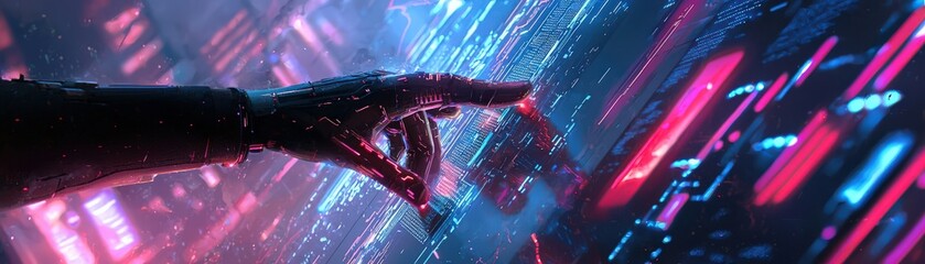 Poster - ai robotic arm deploying code, a futuristic robotic hand reaches toward vibrant digital elements, bl