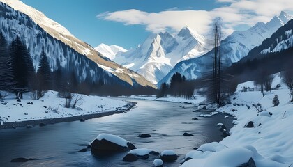 Wall Mural - Majestic alpine winter scene featuring a winding river through snow-covered banks with stunning mountain backdrop