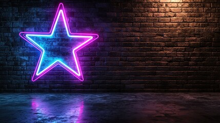 A neon star is lit up against a brick wall. The star is glowing in neon colors and is surrounded by darkness. Scene is mysterious and captivating