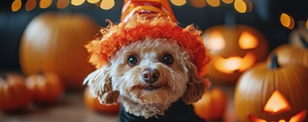 A cute dog wearing a witch hat poses among glowing jack-o'-lanterns, capturing the festive spirit of Halloween.