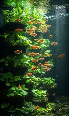 Wall Mural - A school of orange fish swim in a freshwater aquarium with lush green plants growing in pots.