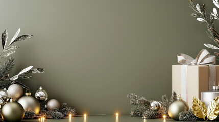 Wall Mural - Elegant holiday decoration featuring Christmas ornaments, warm lights, and a wrapped gift against a muted green background