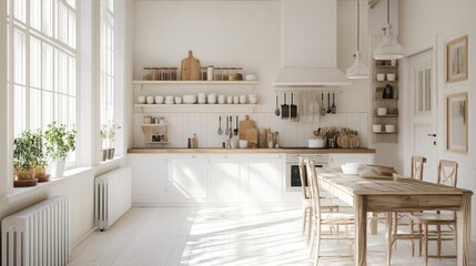 Bright white kitchen with wooden dining table and chairs, sunlight streaming through windows.