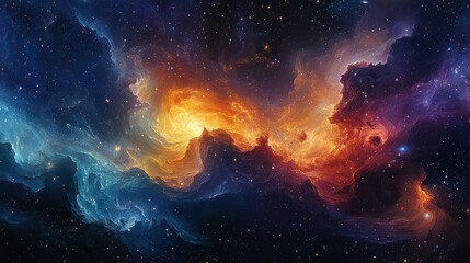 Wall Mural - A colorful galaxy with a yellow and orange cloud in the middle. The stars are scattered throughout the sky, creating a sense of depth and vastness. Scene is one of wonder and awe