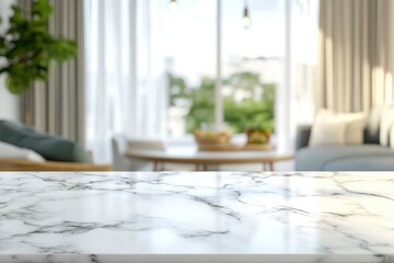 Marble tabletop with set of light meals and empty space for montage over blurred Scandinavian living room with generative ai