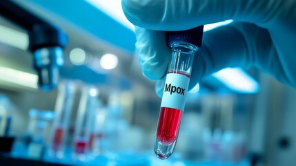 Aufkleber - Gloved hand holding 'MPox' vial representing testing and diagnosis for monkeypox during the outbreak.