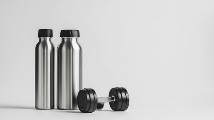 Two metal water bottles and a dumbbell on a white background.