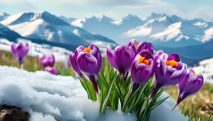 Wall Mural - Crocuses Blooming Amidst Melting Snow and Majestic Mountain Landscape