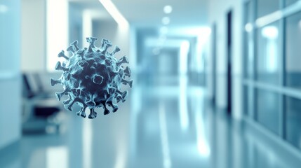 Poster - Detailed image of monkeypox virus in a hospital hallway with sterile blue tones. Representation of viral outbreaks and healthcare crises.