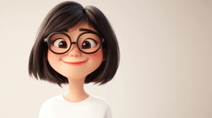 Smiling cartoon girl with glasses looking to the side.