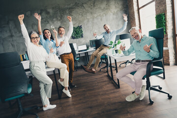 Sticker - Full body photo of teamwork people working winning confident posing crossed hands comfortable office loft room interior indoors workspace