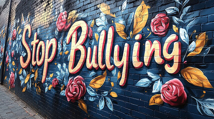 A vibrant mural advocating 'Stop Bullying' on a brick wall, accented with beautifully illustrated roses and leaves, promoting anti-bullying awareness.