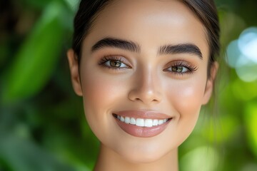 Wall Mural - A close-up of a womanâ€™s face, smiling confidently, with soft natural light highlighting her features