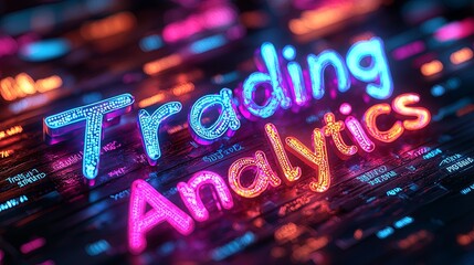 A neon-themed digital illustration showcasing the text 'Trading Analytics' glowing brightly amidst a dark, futuristic background filled with technological motifs and data points.