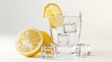 Poster - A glass of chilled lemon water with ice cubes and a lemon slice garnish, placed on a white background with a hint of condensation on the glass.