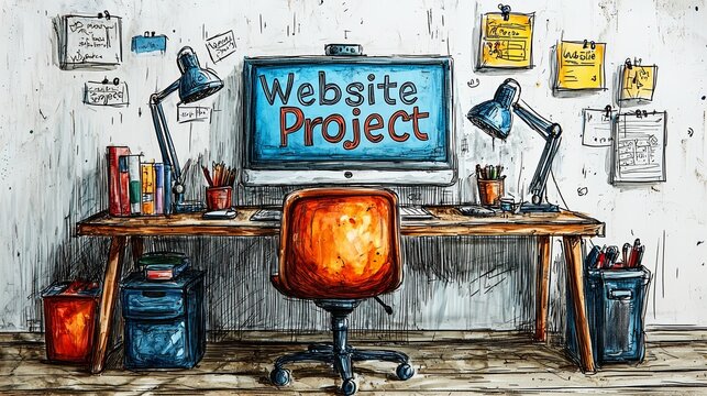 A contemporary desk setup showcasing a screen with 'Website Project' displayed on it, surrounded by office supplies, books, and artistic decorations for a creative ambiance.