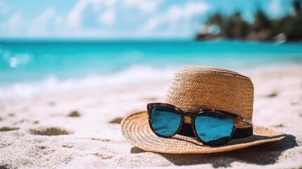 Straw hat and sunglasses on a beach with blue water.