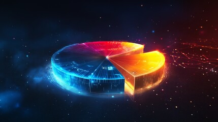 Aufkleber - A glowing 3D pie chart rotating in space, with vivid colors and separated segments representing different financial categories and shares.