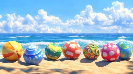 A group of beach balls in various bright patterns and colors, arranged on the sand with the ocean waves and blue sky creating a playful summer scene.