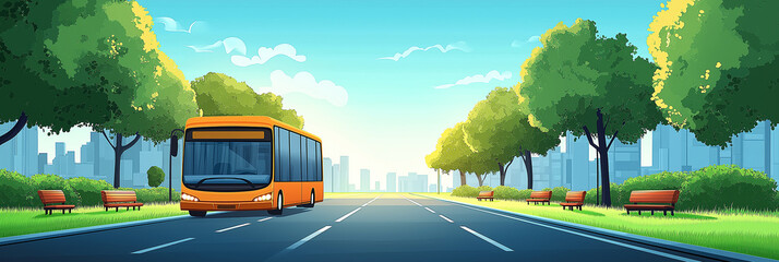 A cute cartoon vector illustration flat cartoon of Buses running on the road, both sides of the road are green grass. There is a seat waiting for the car,city background, side view.