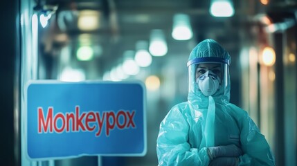 Poster - Healthcare worker in full protective suit and mask near 'Monkeypox' sign. Represents virus containment and healthcare response.