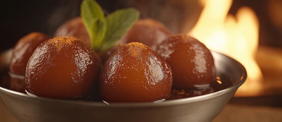 Bowl of Gulab Jamun dessert with spices, dark background, Indian sweet dish