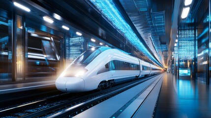 Aufkleber - A high-speed train arriving at a modern, high-tech train station with glass walls and digital displays, showcasing advanced infrastructure.