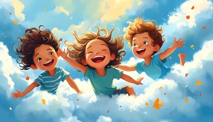 Joyful children frolicking in fluffy clouds, embodying playful innocence and whimsical happiness in a delightful illustration