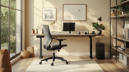 Fototapete - A home office desk with a standing desk converter, neatly arranged office supplies, and a comfortable chair, designed for a flexible and ergonomic work setup.