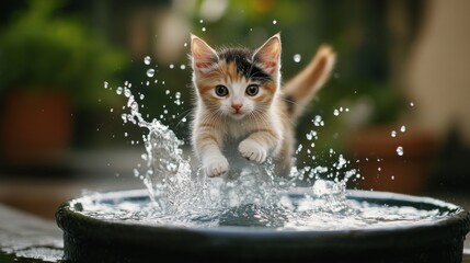 Poster - A kitten jumping into a small pool of water, with splashes around it and a look of excitement and curiosity on its face.