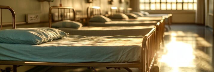 Poster - Row of sunlit hospital beds symbolizing healthcare facilities during global health crises like the monkeypox pandemic.