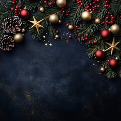 Flat Lay Christmas Background with Christmas Balls and Fir Branches